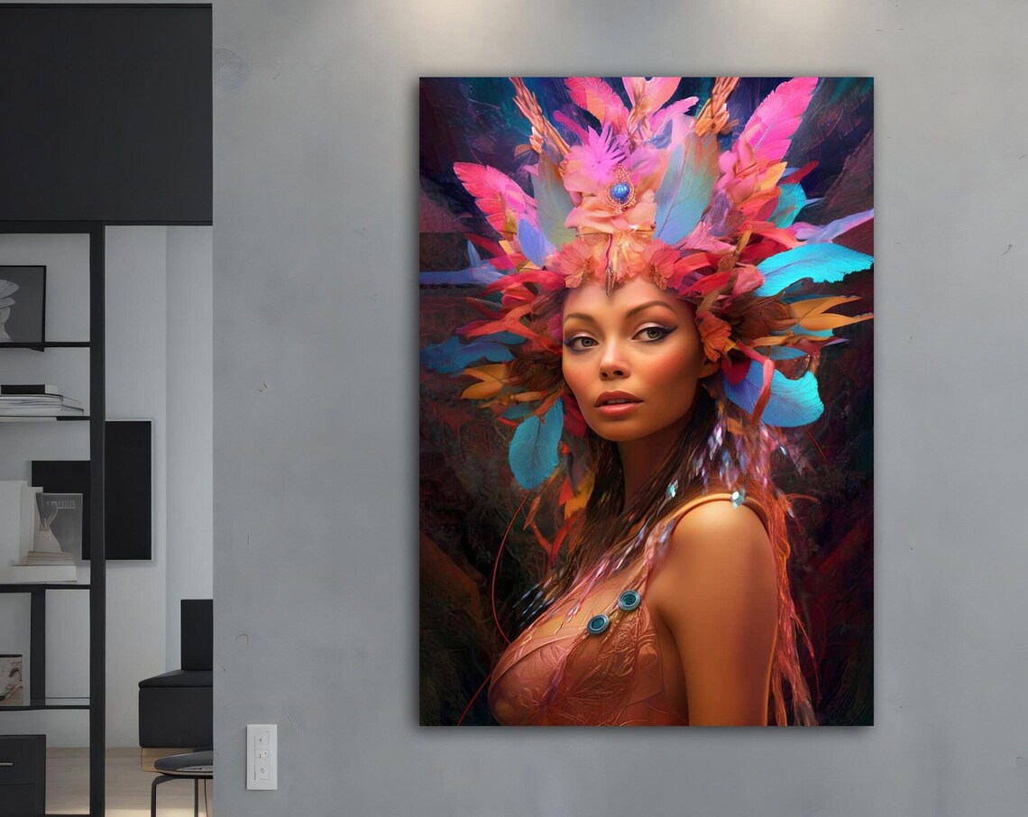 Woman Pink Feather Headdress Blue Tropical Carnival Beauty Art Poster