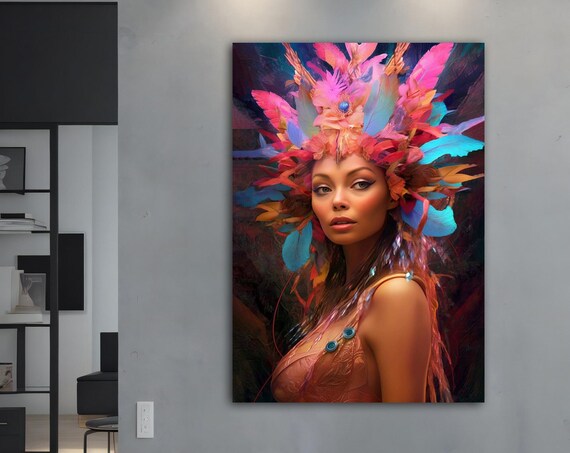 Woman Pink Feather Headdress Blue Tropical Carnival Beauty Art Poster