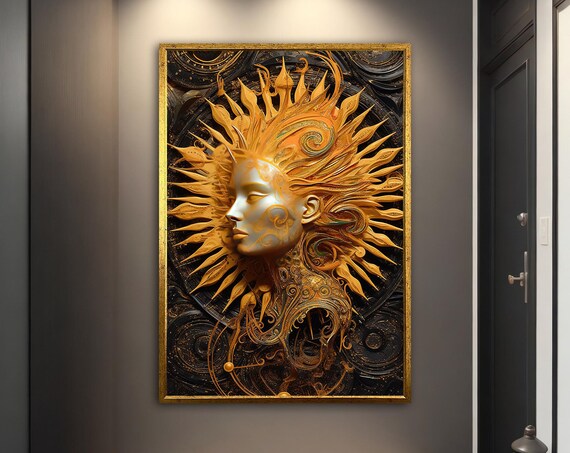 Golden Sun Goddess Radiant Face Baroque Flame Hair Black Art Poster
