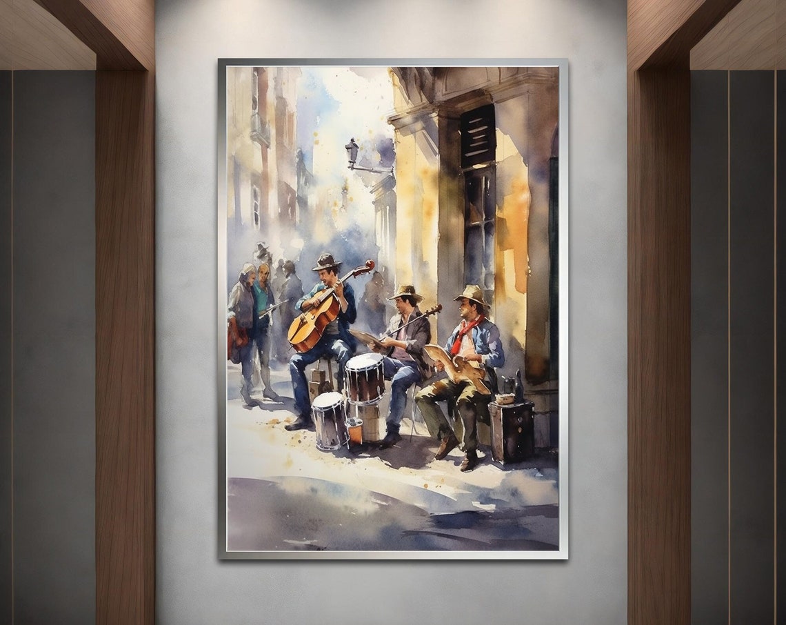 Street Musicians Sunlit Old Town Watercolor Music Painting Print