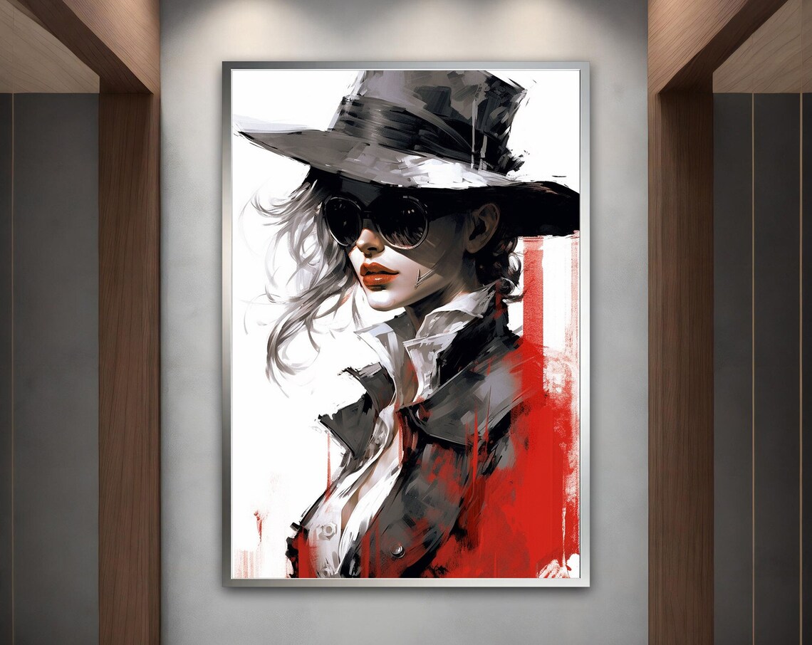 Woman Fedora Sunglasses Red Lips Bold Fashion Illustration Art Poster