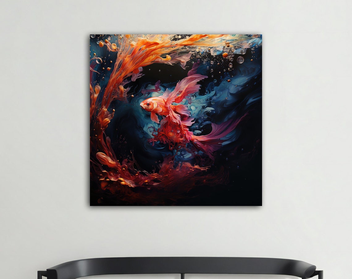Orange Koi Fish Swimming In Dark Swirling Ink Water Art Poster