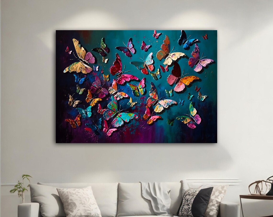 Colorful Butterflies Swarm Teal Background Nature Wall Art Poster