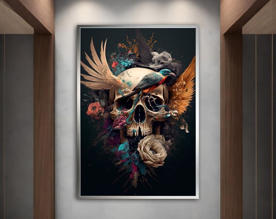 Skull Flowers Bird Wings Dark Botanical Gothic Memento Wall Art Poster