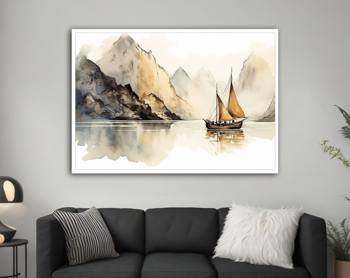Ship And Mountain View, Abstract Art Print