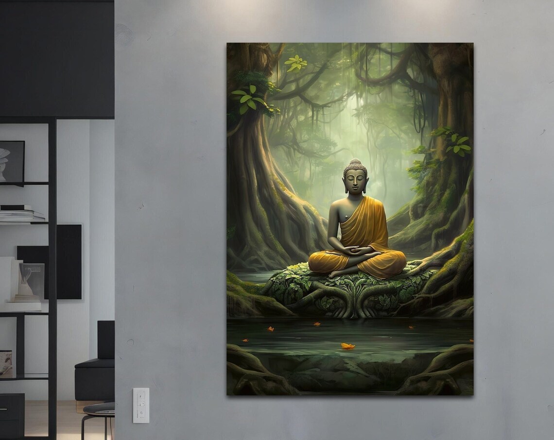 Buddha Meditating Jungle Water Golden Robe Serene Spiritual Art Poster