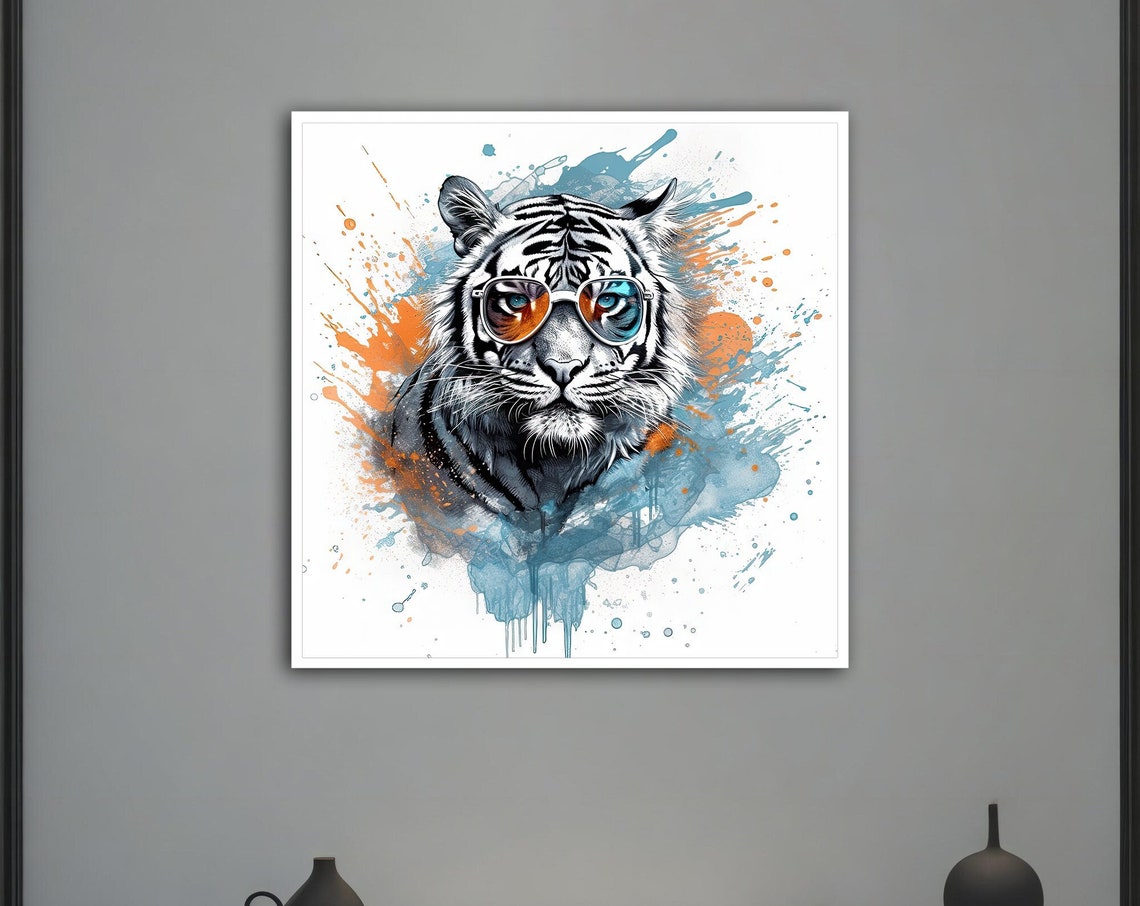 White Tiger Sunglasses Splash Art Fun Animal Wall Art Poster