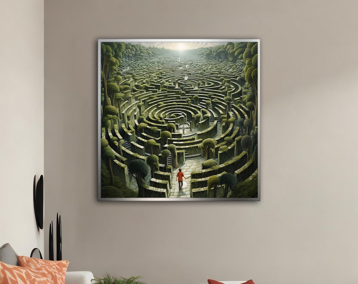 Surreal Green Labyrinth Garden Maze With Lone Wanderer Art Poster