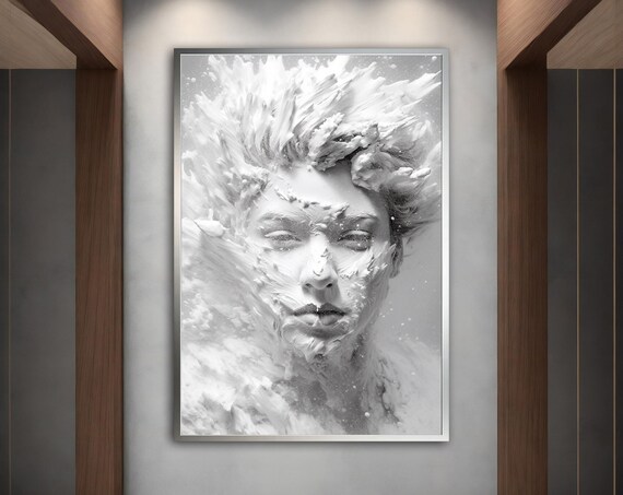 White Sculpture Woman Face Splash Crown Monochrome 3D Art Poster