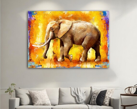 African Elephant Walking Painting Fiery Orange Background Wildlife Poster