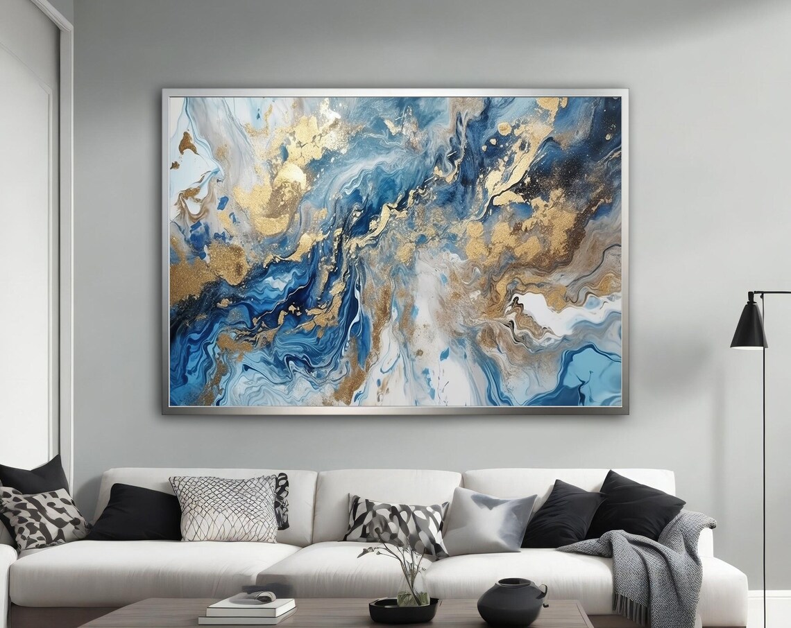 Blue Gold Marbling Abstract Painting Ocean Waves Swirl Wall Poster