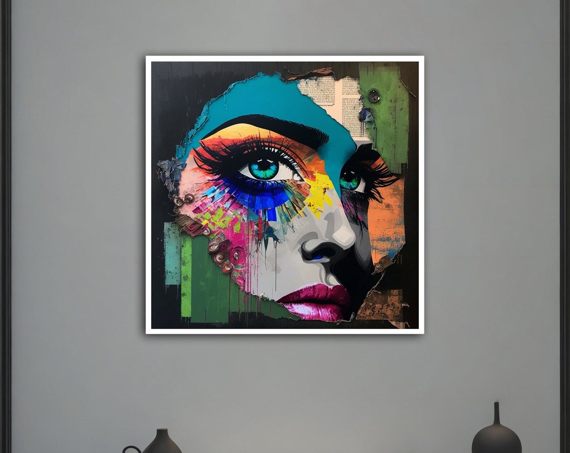 Pop Art Woman Face Collage Colorful Eye Street Art Style Wall Poster