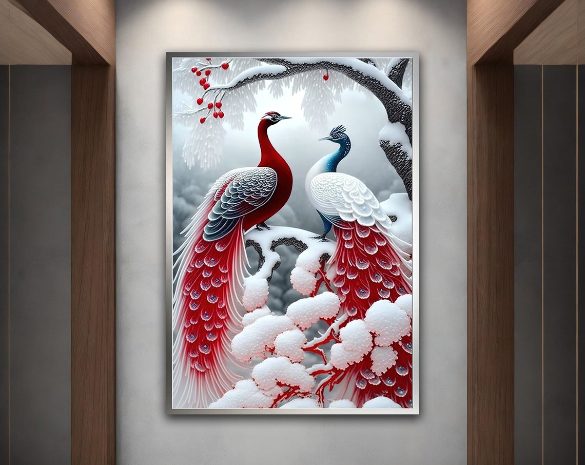 Red White Peacocks Snow Winter Branch Elegant Wall Art Poster