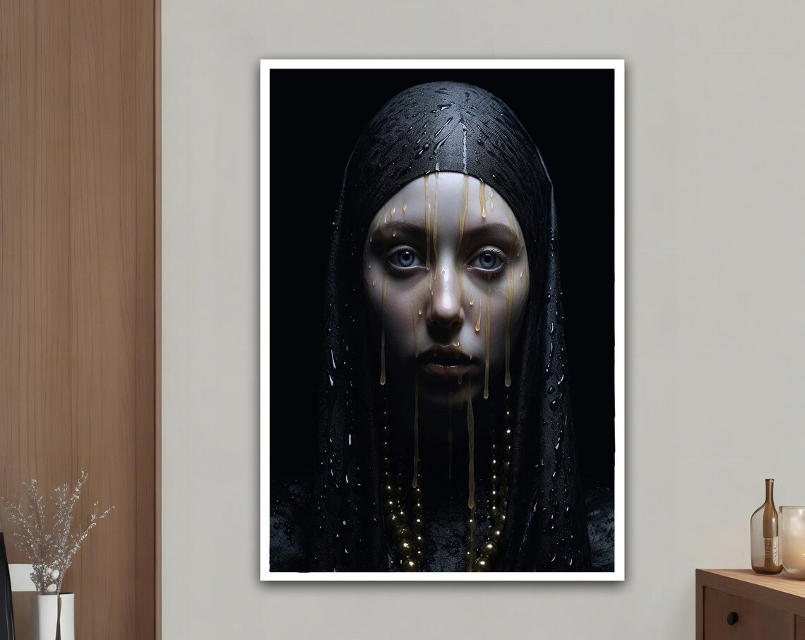 Dark Veiled Woman Golden Tears Dramatic Gothic Portrait Art Poster