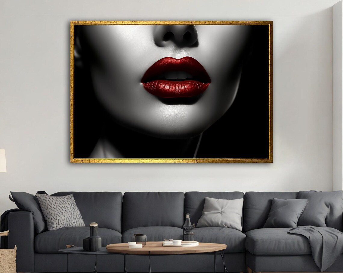 Red Lips Close Up Grayscale Portrait Glamorous Fashion Wall Art Poster
