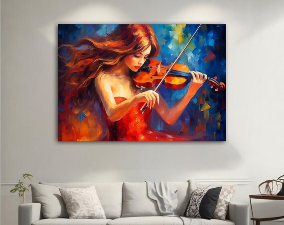 Violinist Woman in Red Dress Oil Painting Blue Musical Art Poster