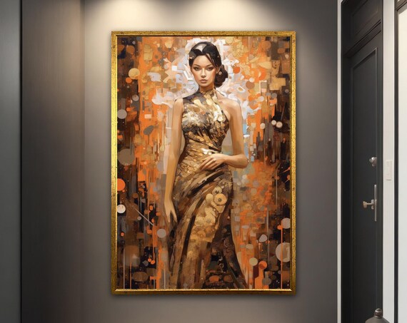 Elegant Woman Golden Gown Amber Abstract Luxury Glamour Art Poster