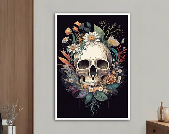 White Skull Wildflowers Daisies Botanical Black Background Floral Art Poster