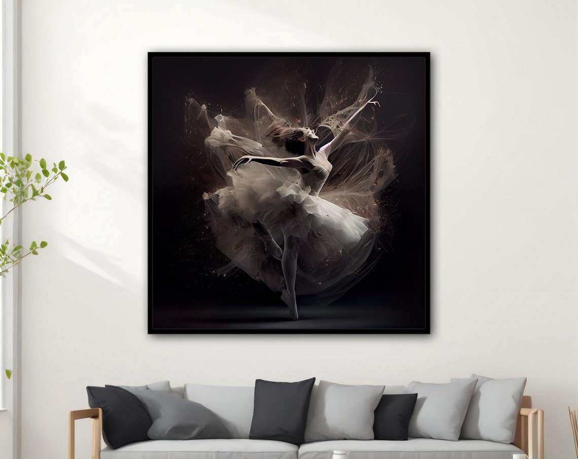 Ballerina Leaping Smoke Tutu Black Background Dramatic Dance Poster