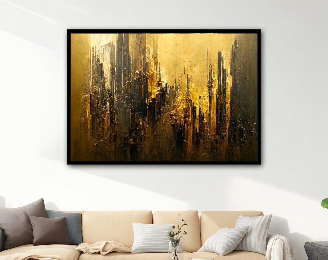 Gold Black Abstract City Skyline Painting Luxury Modern Art Poster