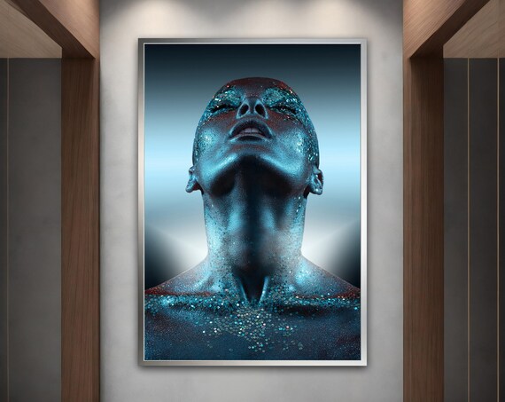 Blue Body Paint Woman Glitter Dramatic Portrait Modern Art Poster
