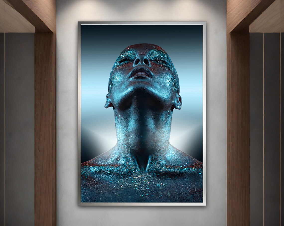 Blue Body Paint Woman Glitter Dramatic Portrait Modern Art Poster