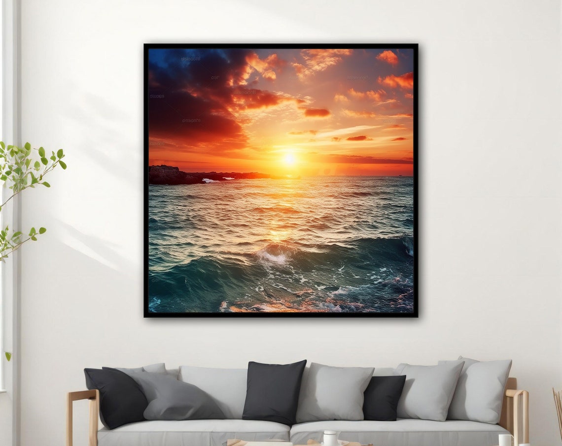 Ocean Sunset Dramatic Fiery Clouds Golden Waves Nature Art Poster