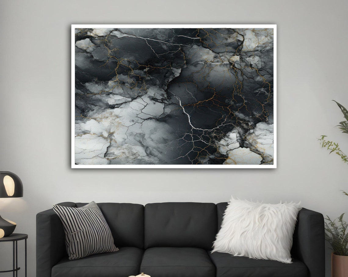 Black Grey Marbling Abstract Painting Ink Cloud Texture Wall Poster