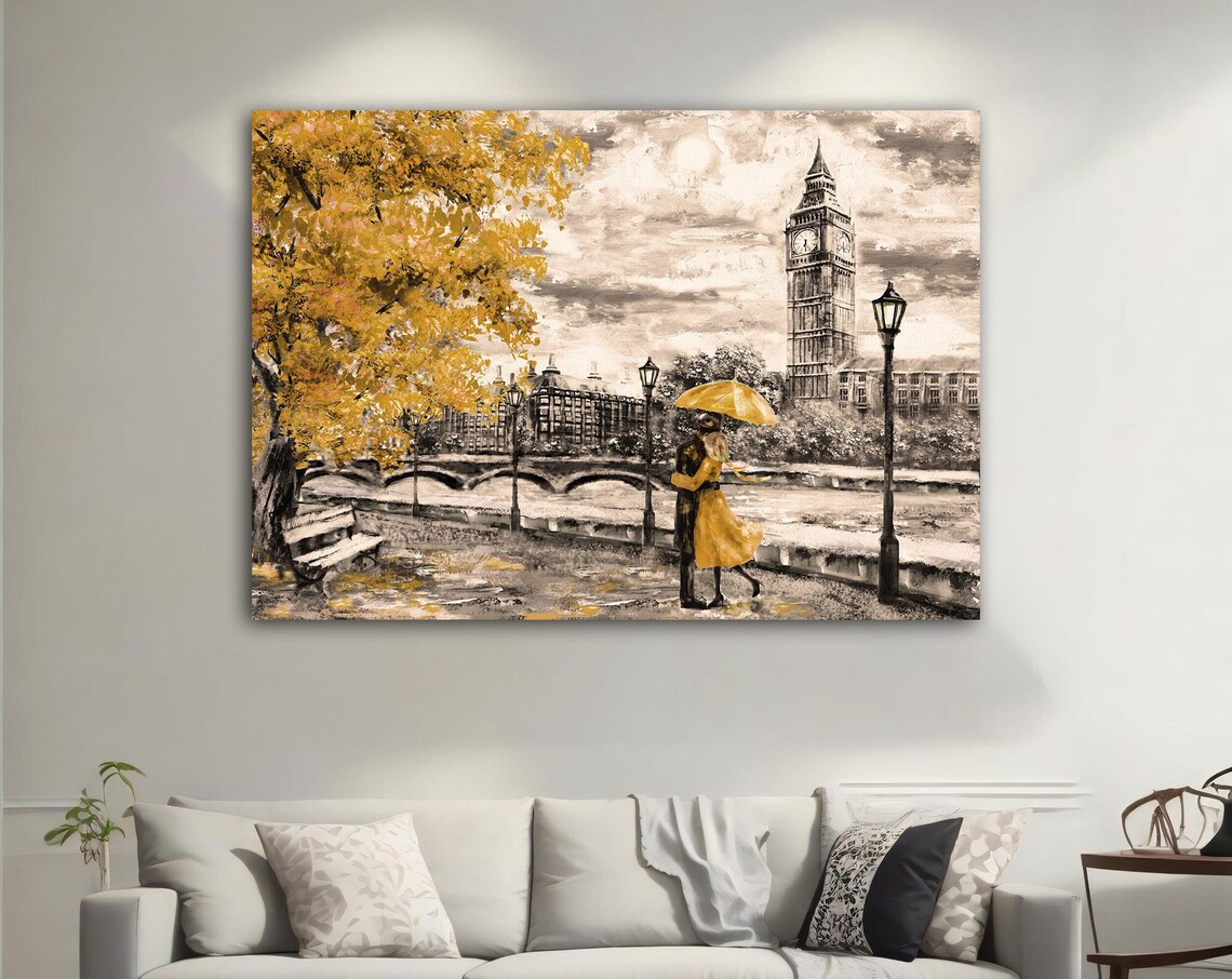 London Big Ben Golden Rainy Day Couple Umbrella City Art Poster