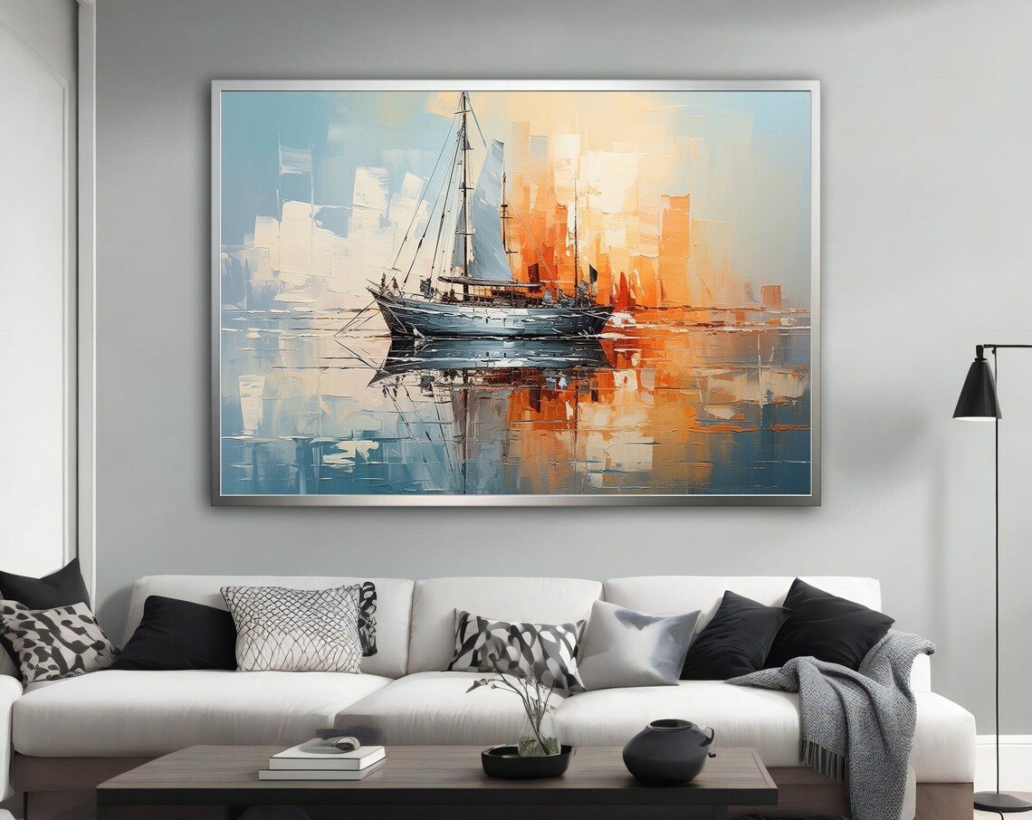 Sailboat Sunset Harbor Abstract Oil Painting Nautical Wall Art Poster