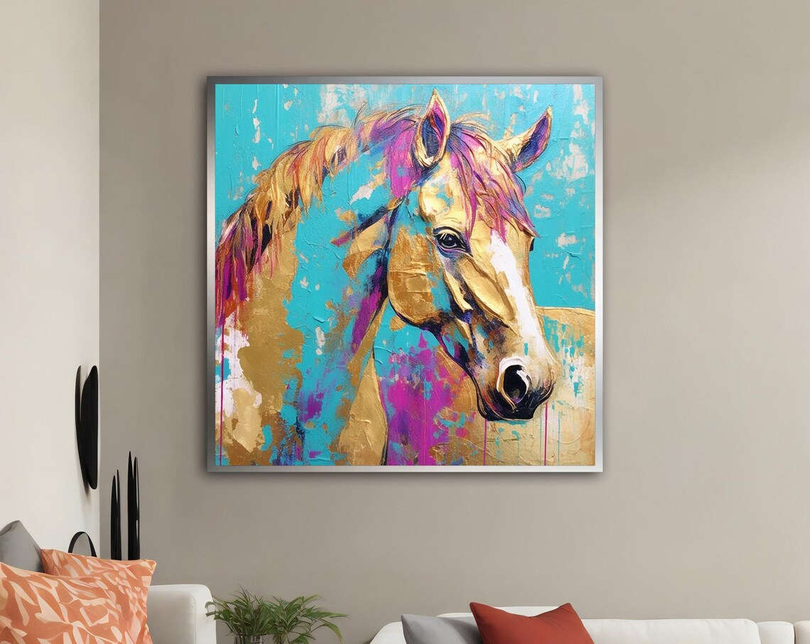 Abstract Horse Head Turquoise Gold Pink Modern Equine Art Poster