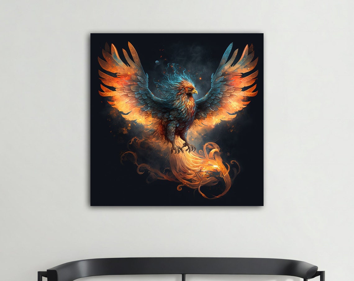 Phoenix Rising Fire Wings Black Background Mythical Bird Art Poster