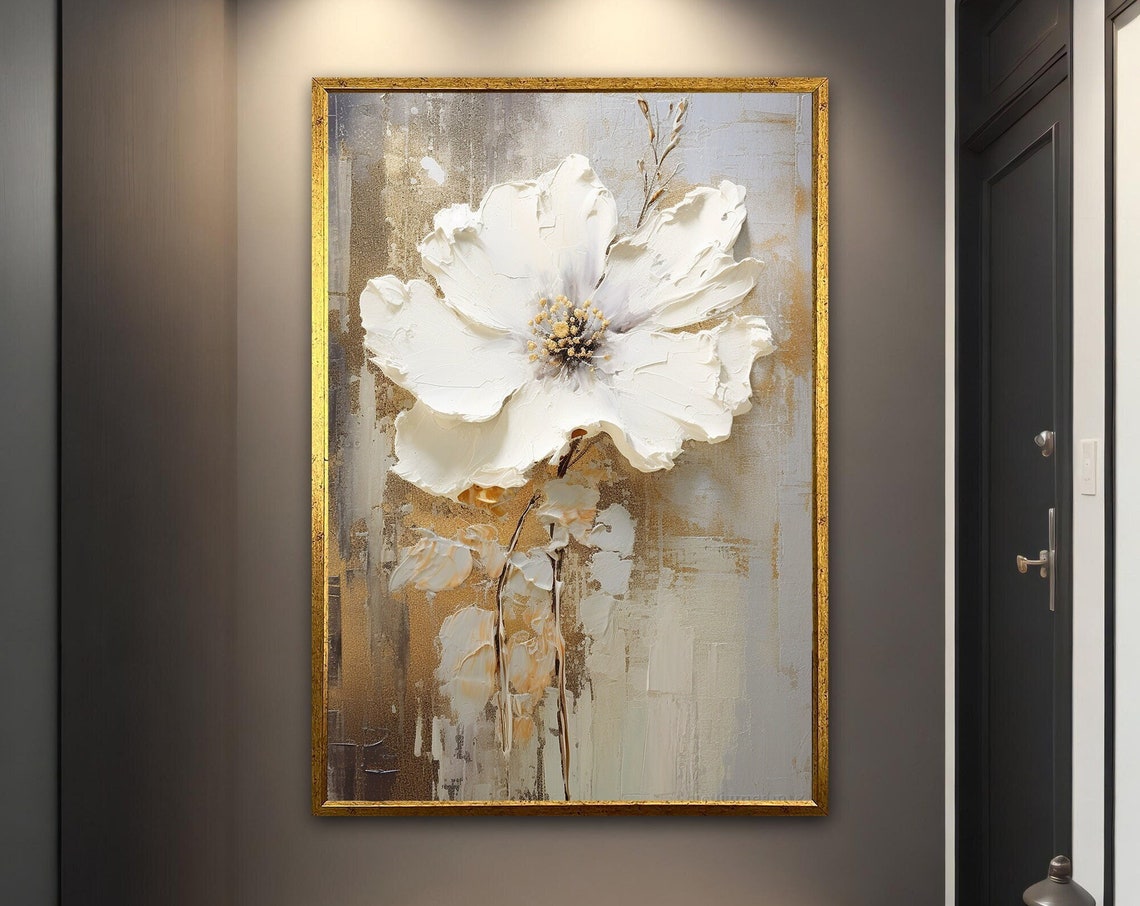 White Magnolia Impasto Gold Background Elegant Floral Wall Art Poster