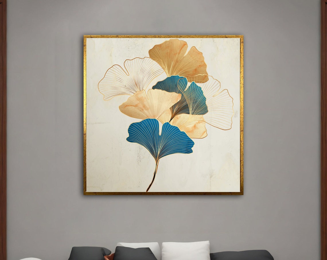 Blue and Gold Ginkgo Leaves Line Art Elegant Botanical Wall Poster