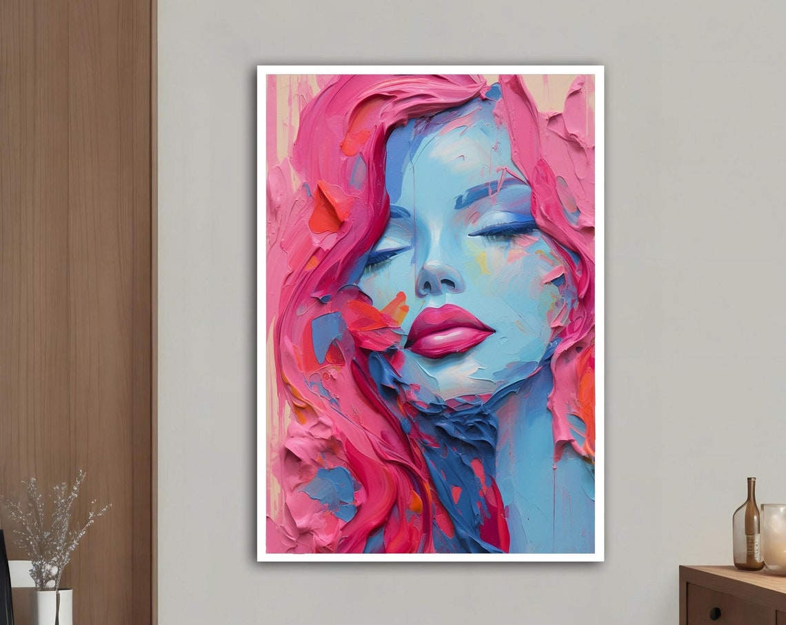 Woman With Pink Hair Modern Wall Art Modern Woman Print Abstract Woman Painting Feminine Woman Wall Decor