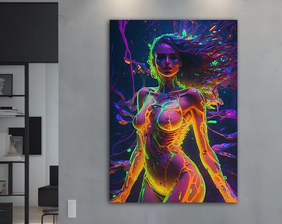 Neon Paint Woman Flowing Hair Glowing Abstract Art Print Poster