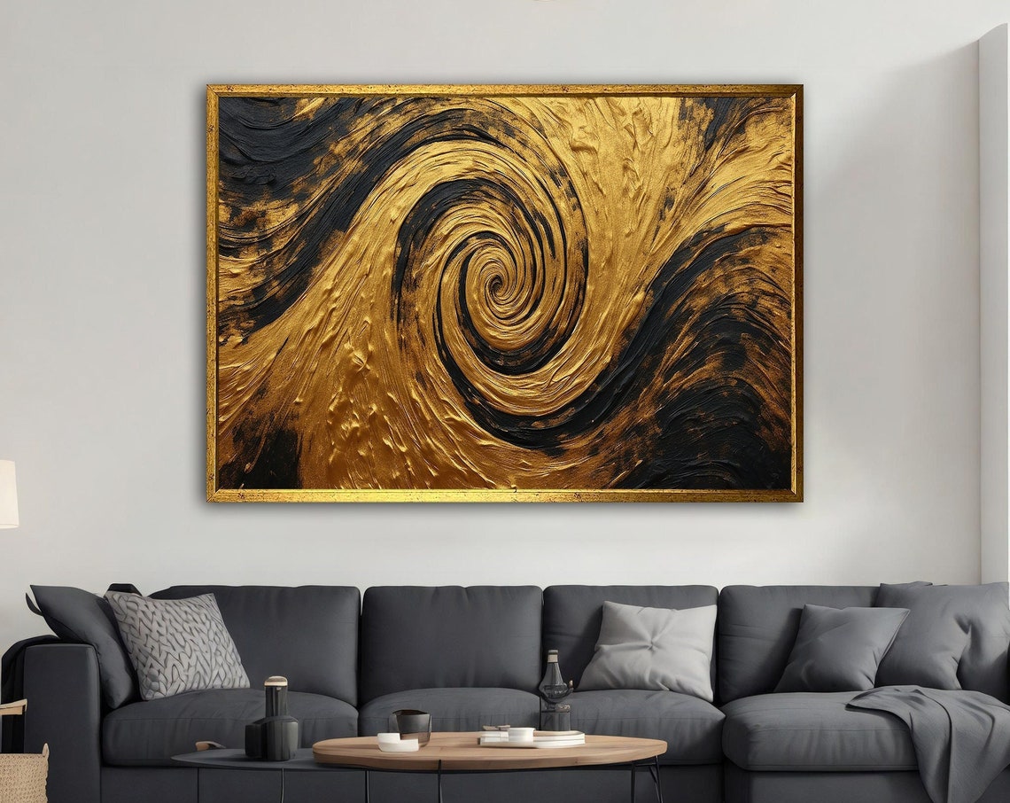 Gold Black Spiral Vortex Abstract Painting Textured Swirl Wall Poster