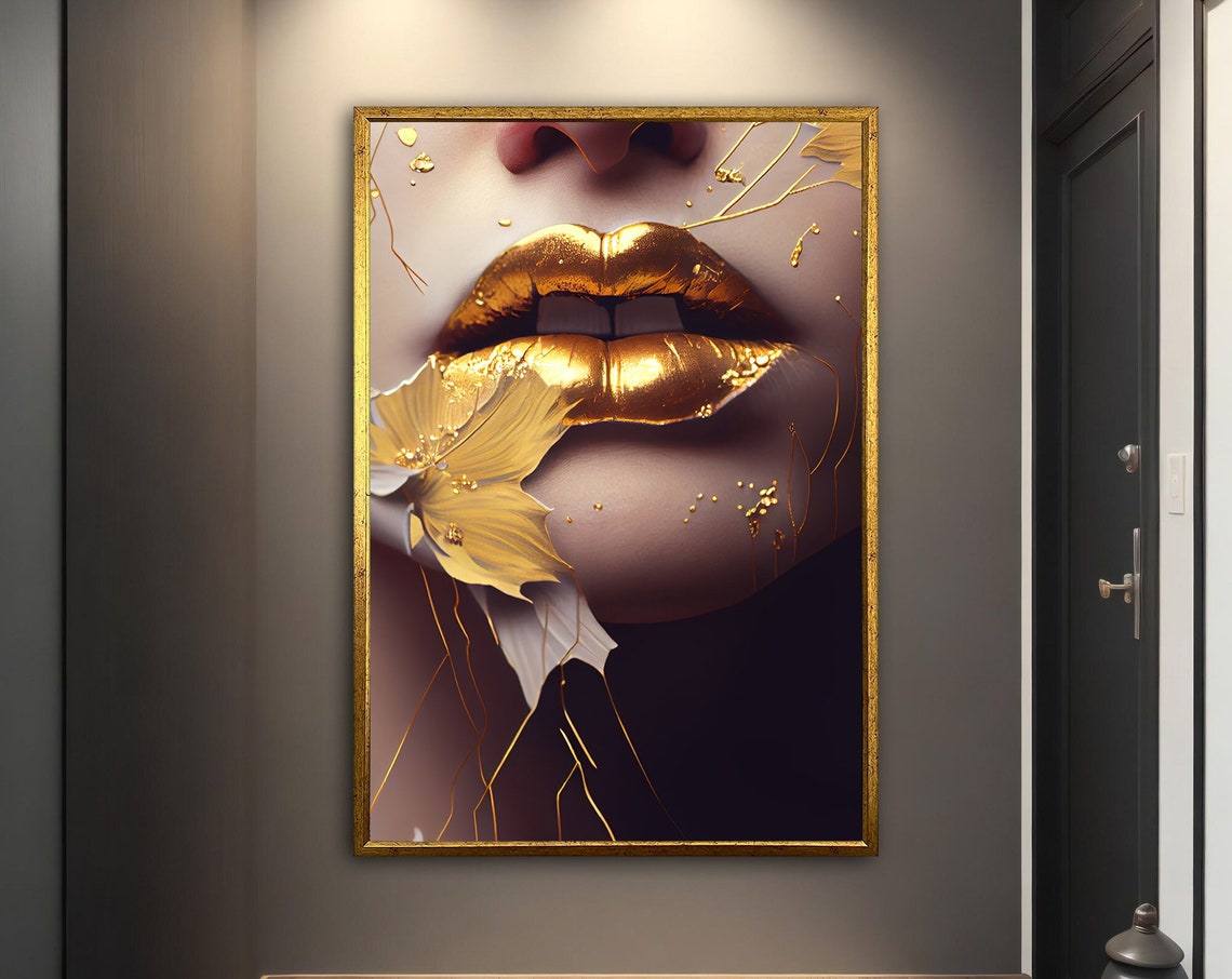 Golden Lips Pop Art Print Gold Leaf Woman Face Glamorous Wall Poster