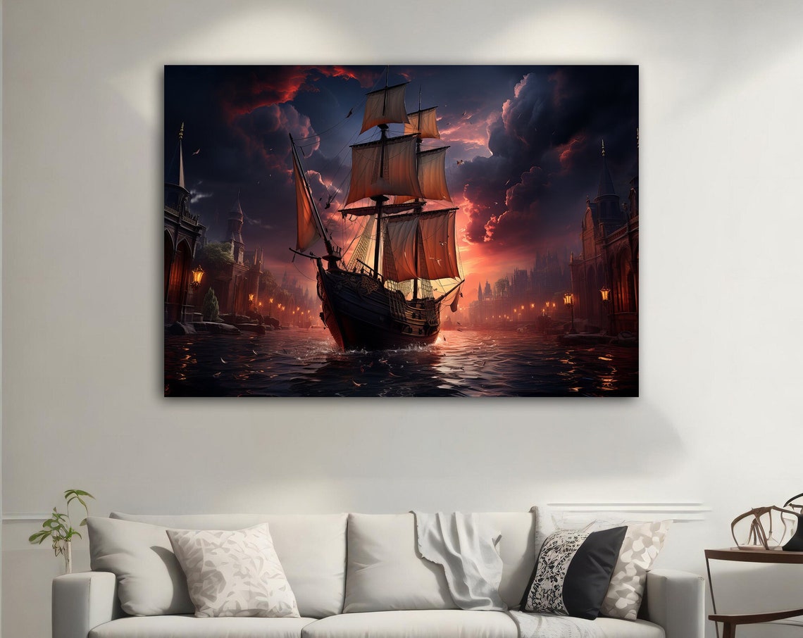Sailing Ship Old Town Canal Sunset Harbor Vintage Nautical Art Poster
