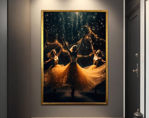 Golden Dancers Under Starry Night Magical Dance Art Print Poster