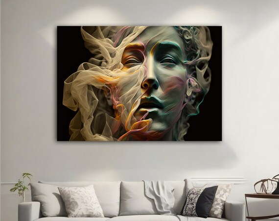 Marble Woman Face Veiled Smoke Elegant Sculptural Portrait Wall Art Poster