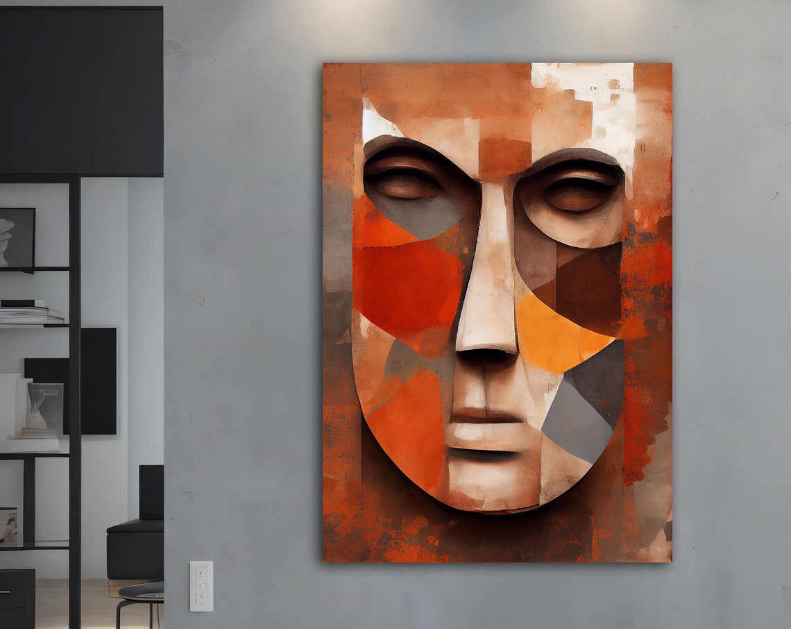 Terracotta Geometric Abstract Surreal Face Mask Modern Art Poster