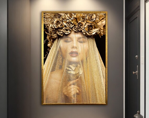Golden Woman With Rose Crown And Sheer Veil Luxury Art Poster