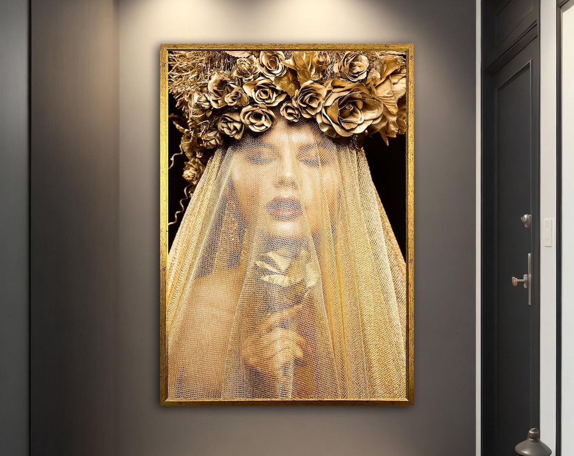 Golden Woman With Rose Crown And Sheer Veil Luxury Art Poster