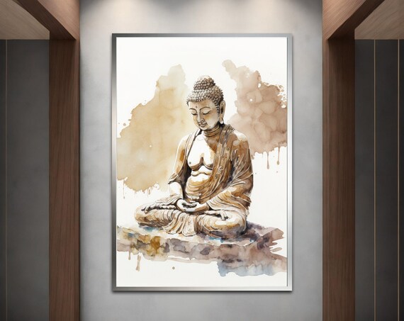 Meditating Buddha Statue Sepia Watercolor Zen Calm Spiritual Poster