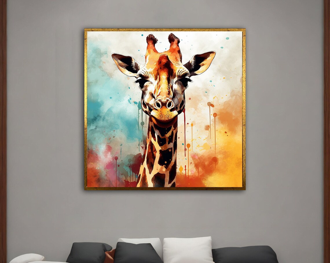 Giraffe Watercolor Portrait Colorful Paint Splash Animal Art Poster
