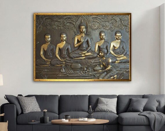 Bronze Relief Buddha with Disciples Bodhi Tree Temple Art Poster