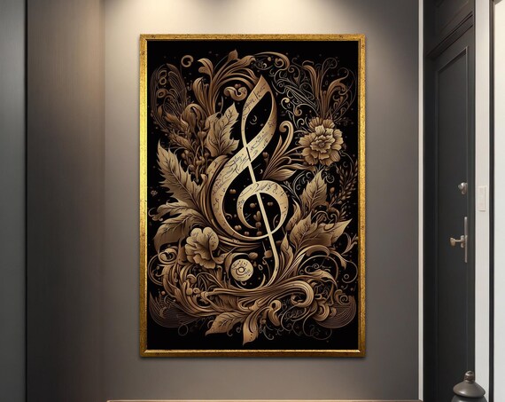 Golden Treble Clef With Baroque Floral Ornament On Black Poster
