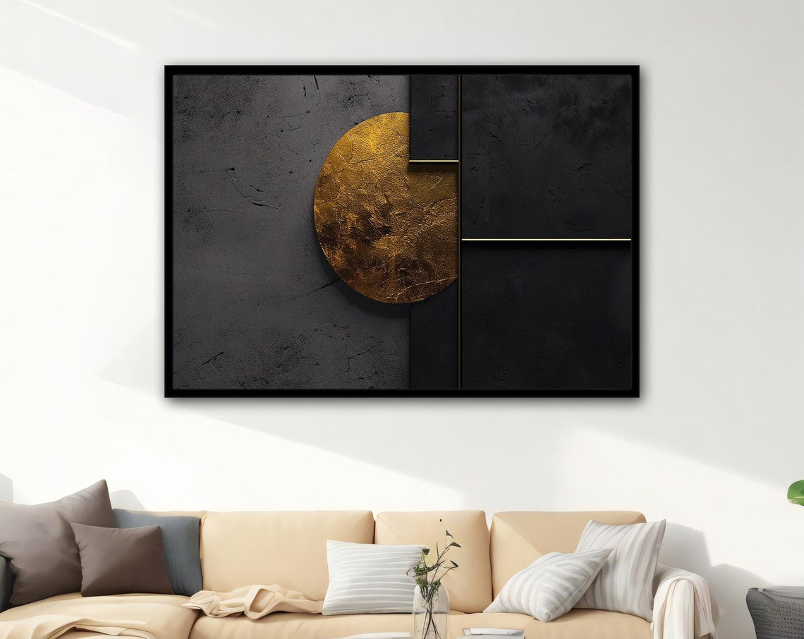 Gold Black Geometric Abstract Moon Circle Modern Painting Wall Poster