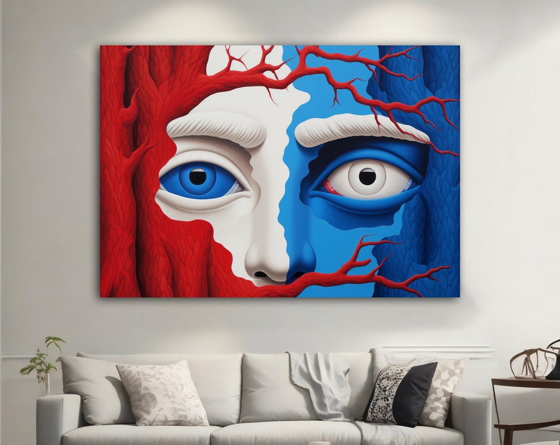 Surreal Face Red Blue Split Tree Branch Eyes Modern Fantasy Art Poster
